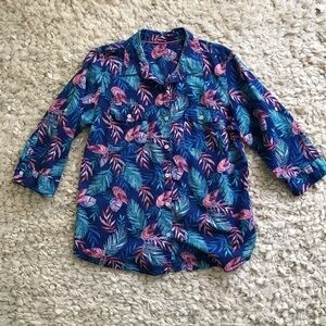 Cobalt Blue Tropical Print Cotton Button Down Top